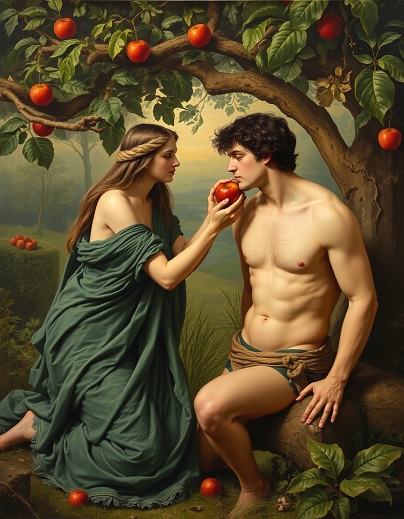 Eve gives an apple to Adam: a few seconds before the emergence of political economy